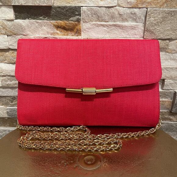 Vintage RODO Italy Red Clutch | Silk-Linen Purse, Brass Clasp + Chain Strap - Picture 1 of 13